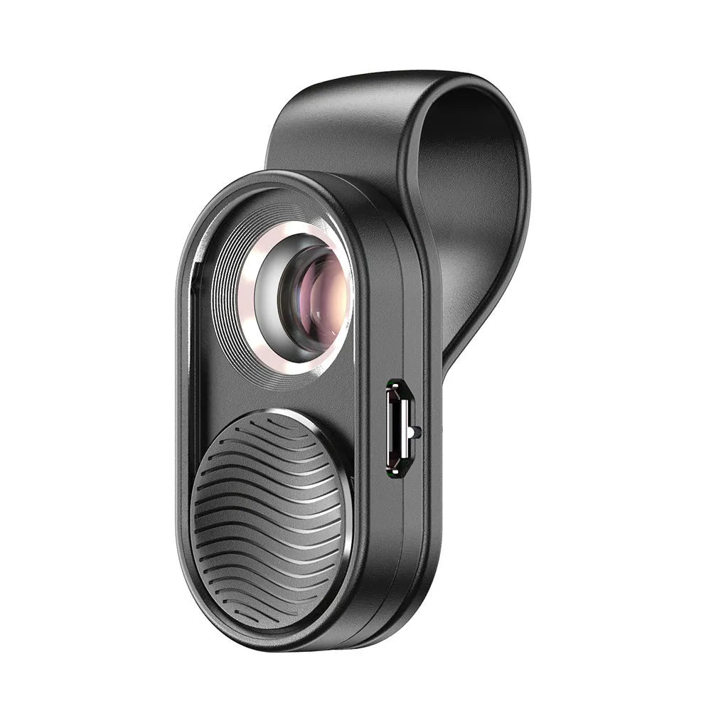 Black mobile magnification microscope with LED light clipped onto smartphone for macro photography