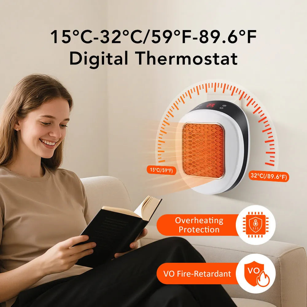 White plastic ceramic heating electric blower heater with remote control on a table.