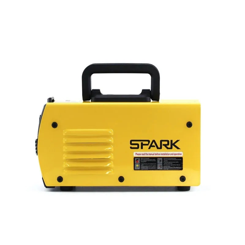 MMA-200MIN compact DC inverter welding machine with red housing, welding tongs, ground clamp, and face shield on a workbench.