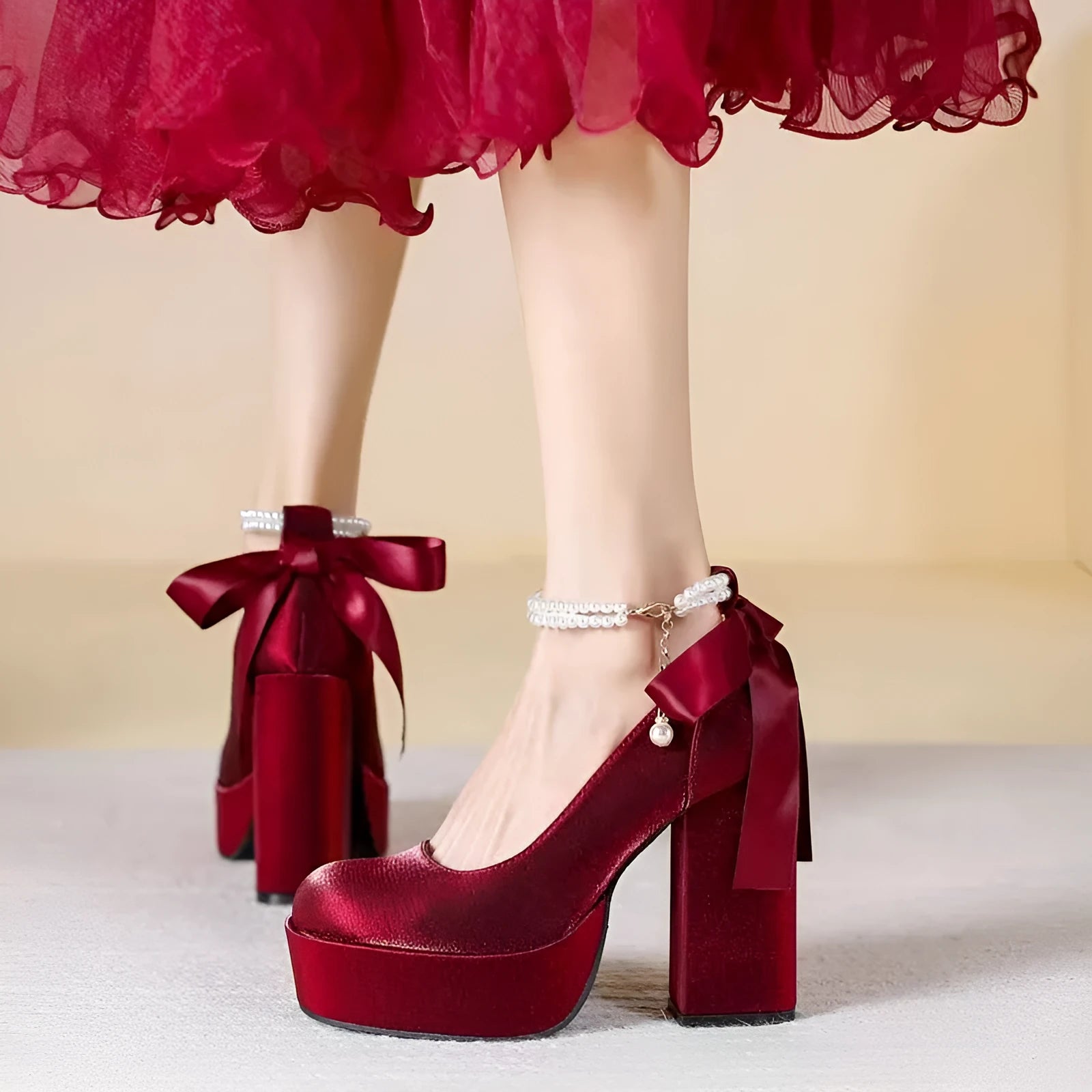 Women's creamy white waterproof wedding pumps with a thick platform heel and buckle detail.