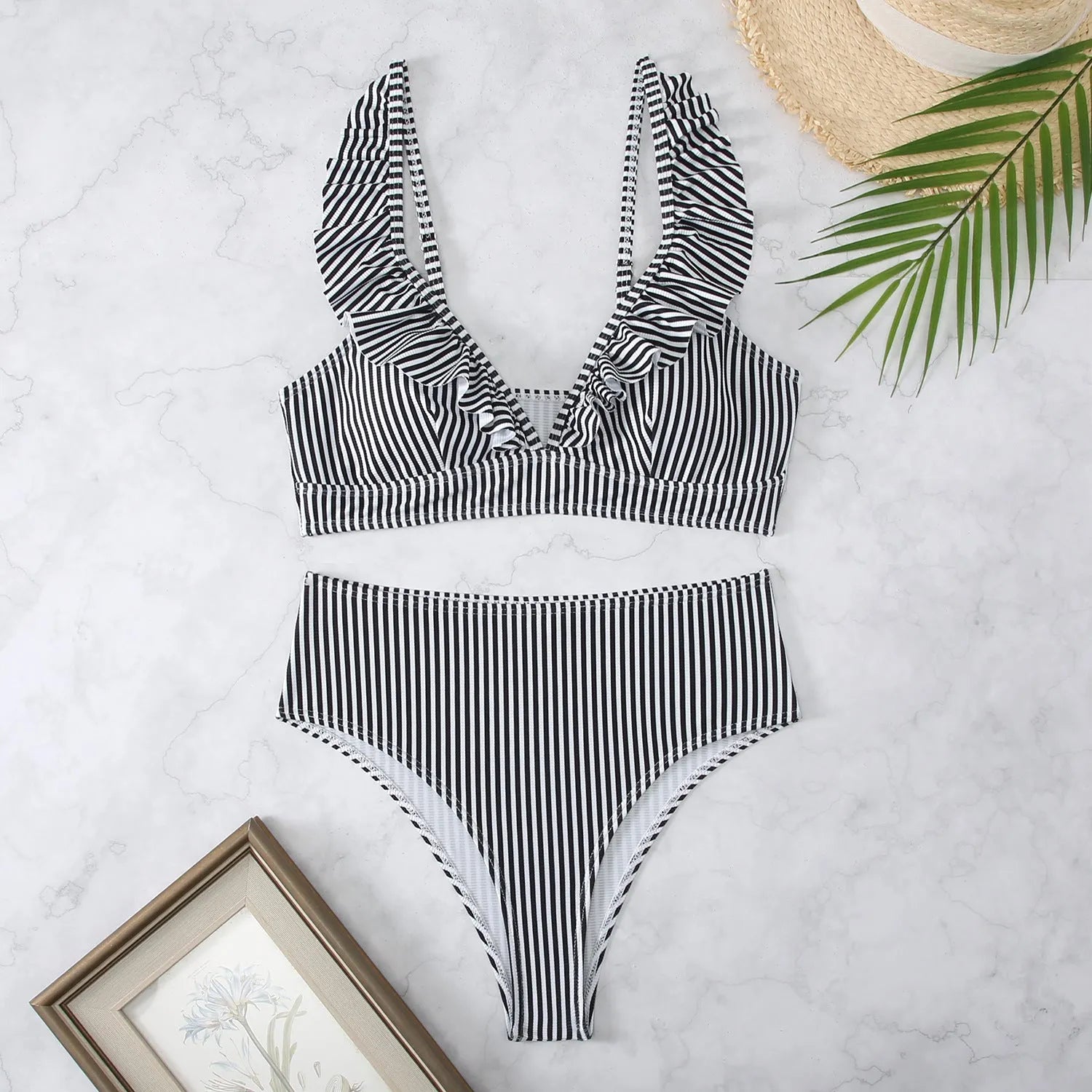 Women's striped split-chest bikini swimwear in polyester fabric with quick-drying properties