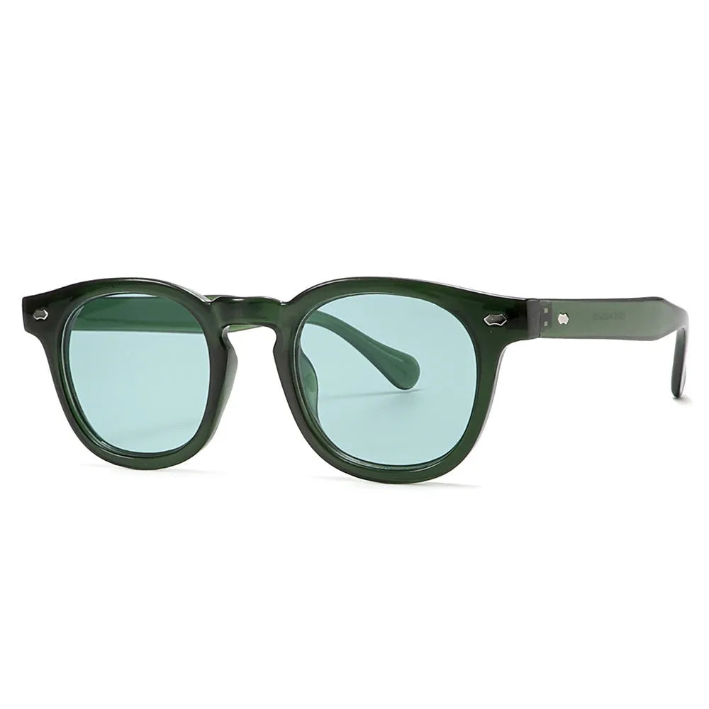 Simple round rim retro sunglasses on a plain background showing bright black frame with blue lenses.