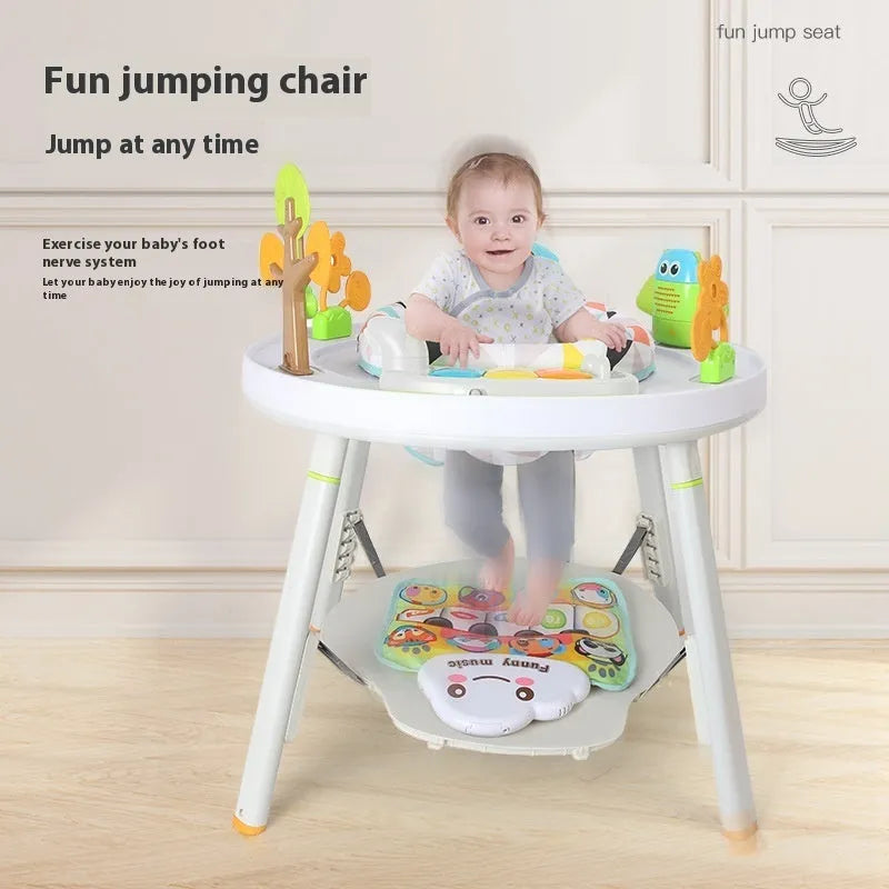 Three-in-one baby jumping chair with plastic rack construction in Yaya duck design with music cushion option