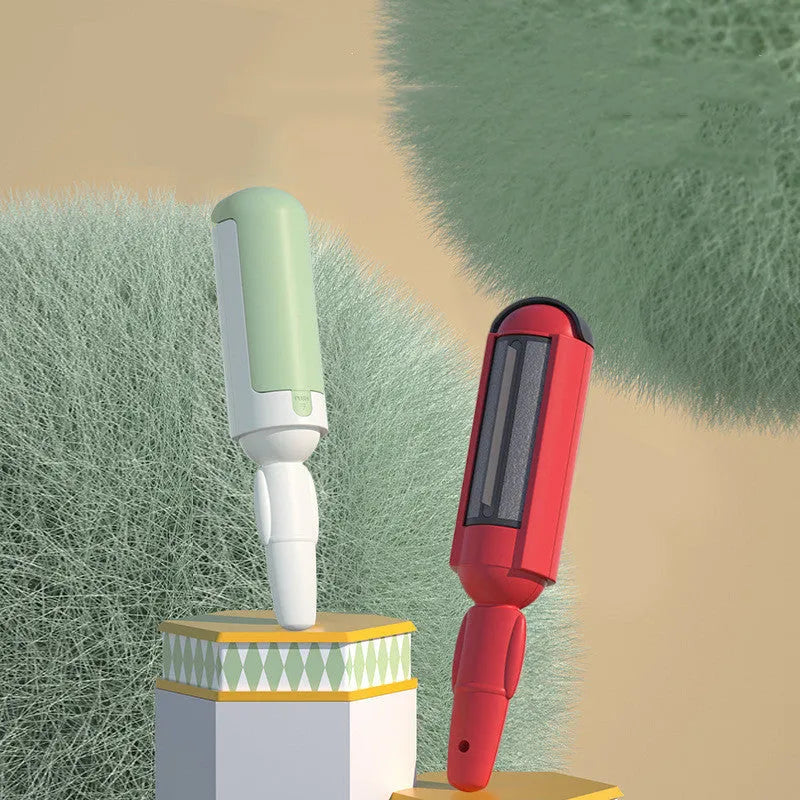White and green pet hair removal roller with self-cleaning base on a carpet