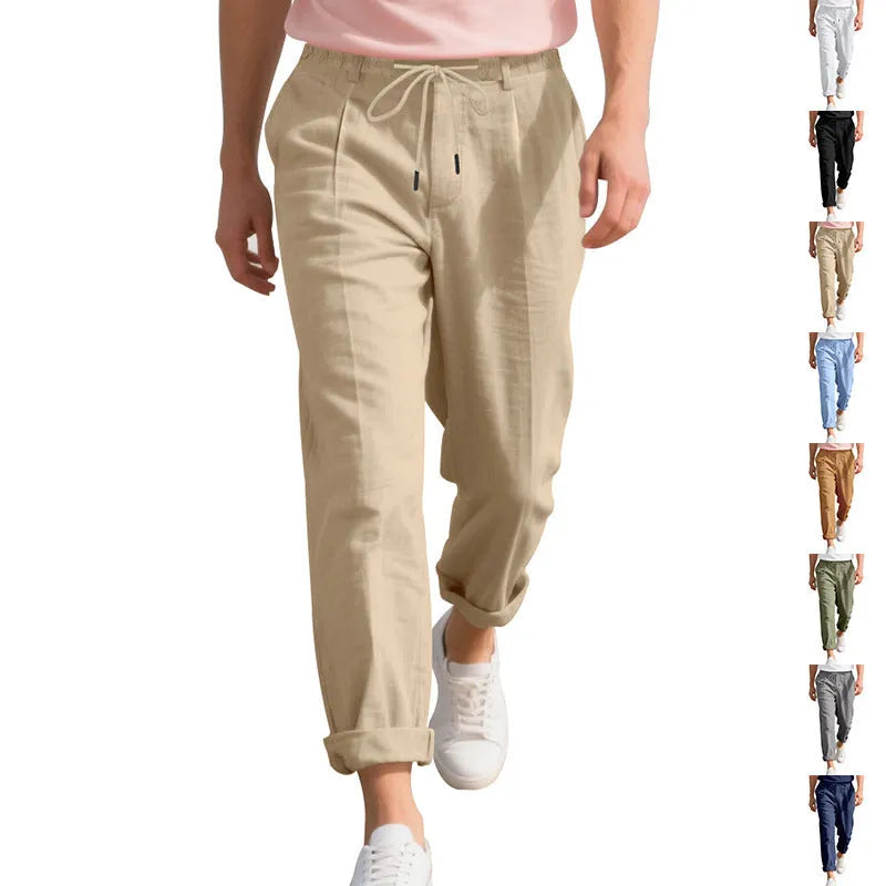 Men's straight-leg linen trousers in light khaki with a drawstring waistband.