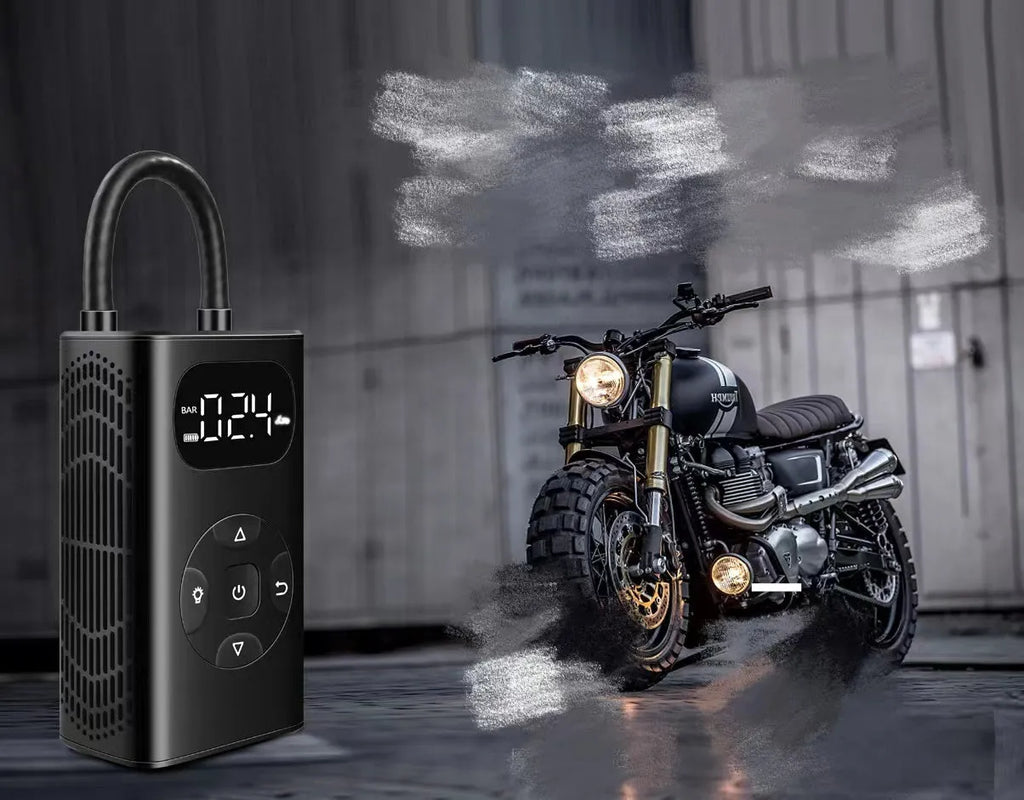 Black portable power bank tyre inflator with USB cable and inflatable tube for cars and motorcycles.