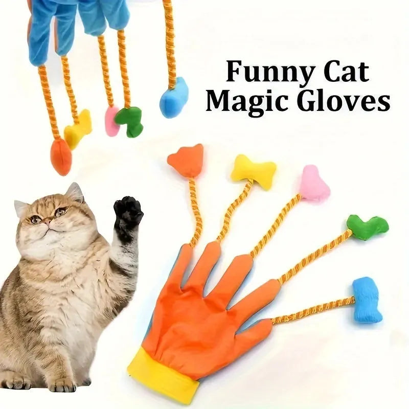 Yellow and blue plush cat toy glove with a bell attached to a 40cm long trailer.