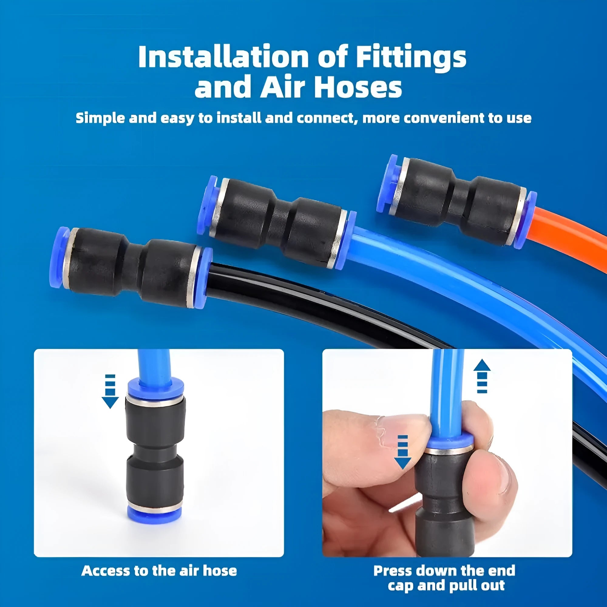 Assortment of 60 quick-connect pneumatic push-in fittings with R1/4 and R1/2 threads.