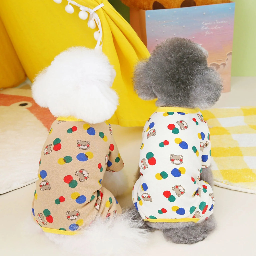 Dog pet clothes with colourful ball bear print in beige on a casual cotton-spandex pet top
