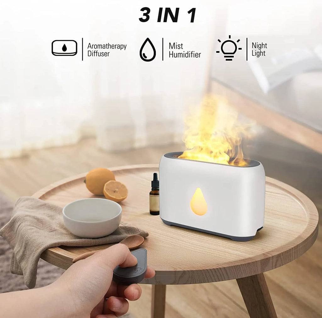Two-colour 3D flame aroma diffuser humidifier on desk with USB cable, black and white options
