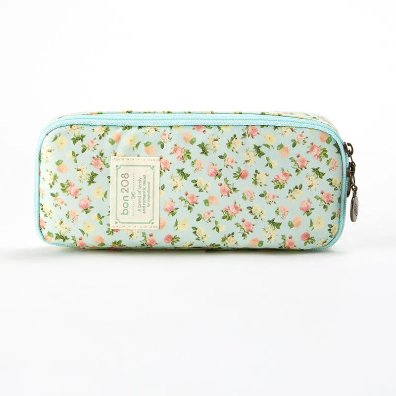 Canvas pencil case storage bag 190x80x40mm in Korean floral or solid colours, for stationery.