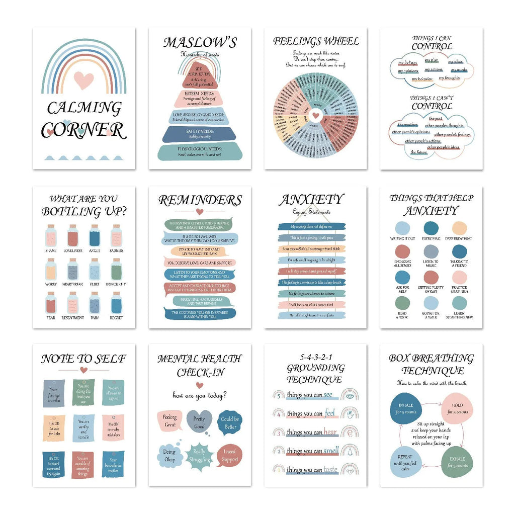 Set of 12 mental health posters on coated paper with bright film finish, 255x355mm each, including glue dots