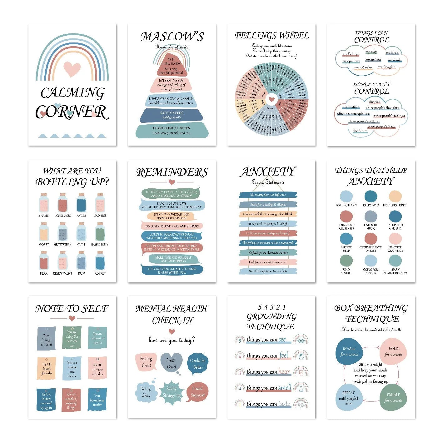 Set of 12 mental health posters on coated paper with bright film finish, 255x355mm each, including glue dots