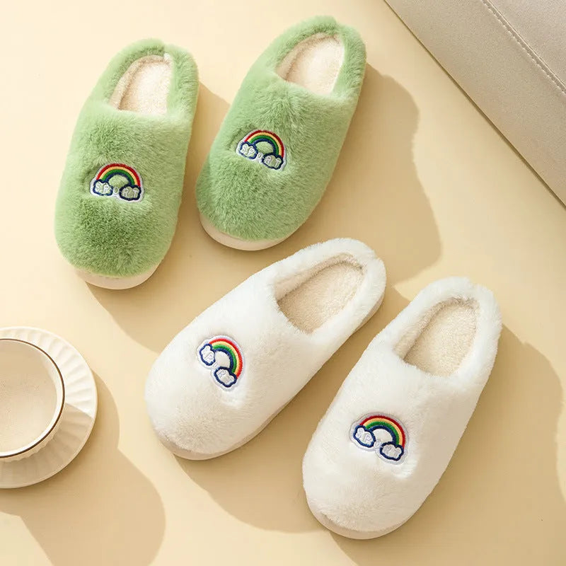 Kawaii rainbow embroidered warm plush slip-on slippers with rubber sole round toe indoor home footwear