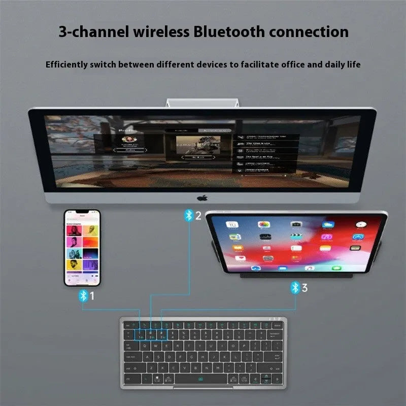 Three-in-one wireless Bluetooth keyboard with touch pad, leather sheath, and adjustable stand for tablets and mobile phones