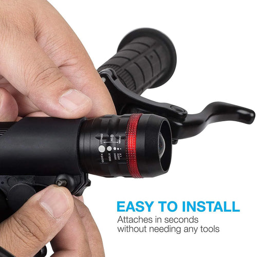 Bicycle headlight and taillight set with universal mounting bracket on handlebars.