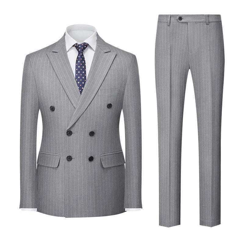Men's striped suit double-row two-button trousers suit in slim fit, available in six colours including light gray and dark gray