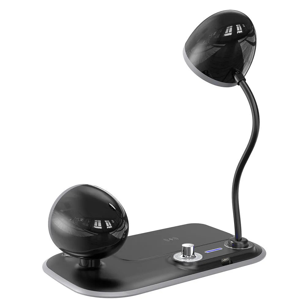 White three-in-one desk lamp with integrated digital clock and wireless charging pad on wooden desktop