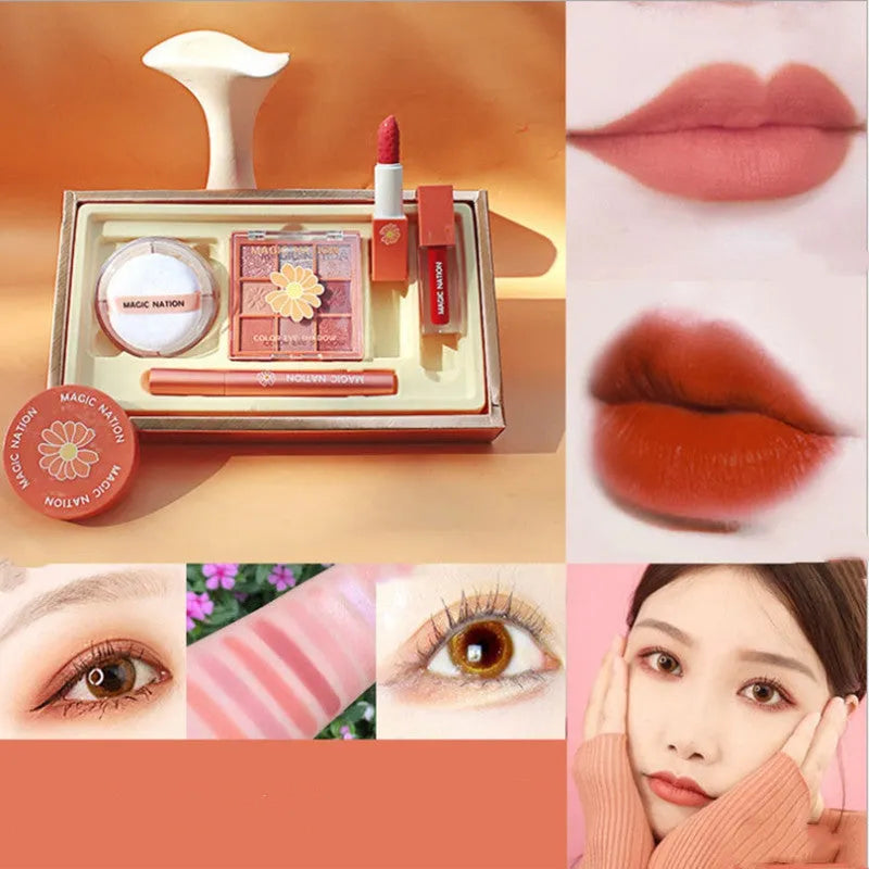 5-piece makeup set with lipstick, lip glaze, eyeshadow palette, mascara, and loose powder in Blue, Orange, or Limited edition colour