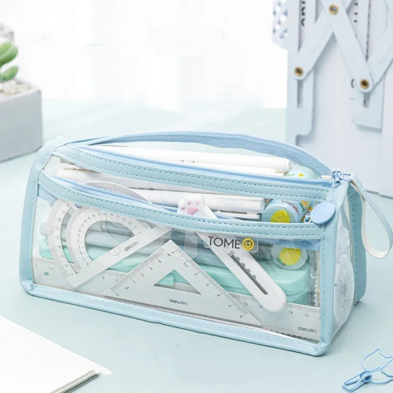 Transparent double-layer pencil case showing two compartments with stationery inside