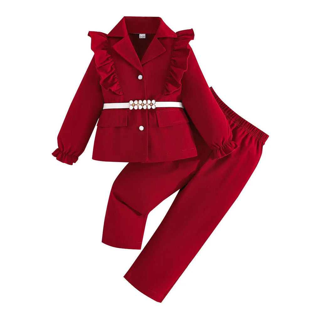 Girls' three-piece outfit with long-sleeved white belt top, ruffled blazer and full-length trousers in two colours