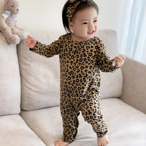 Brown leopard print cotton long-sleeved baby jumpsuit with matching headband, neutral unisex style