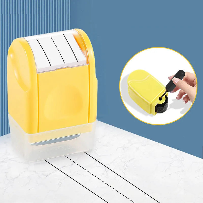 A plastic rectangle roller stamp for teaching, showing English line patterns in one of seven colours.