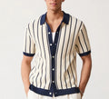 White men's short sleeve knitted shirt with asymmetric stripes and a lapel collar.