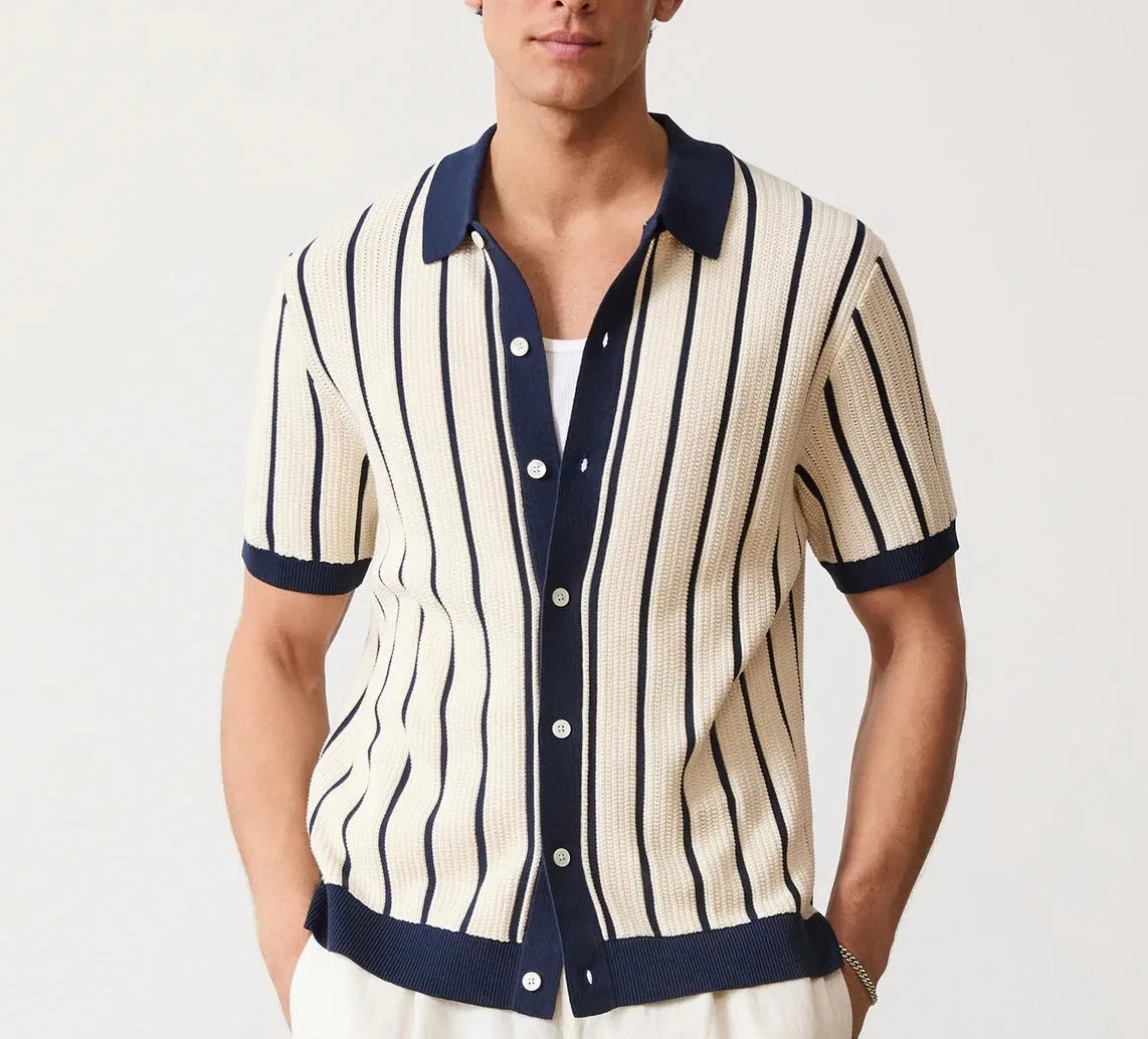 White men's short sleeve knitted shirt with asymmetric stripes and a lapel collar.