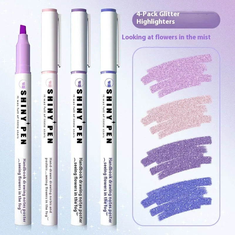 Four glitter highlighter pens with slanted tips in assorted fluorescent colours on a white background.