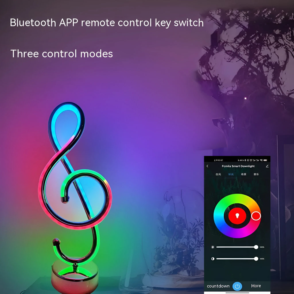 Black musical note-shaped Bluetooth night light with app control for white, warm, and RGB colour modes