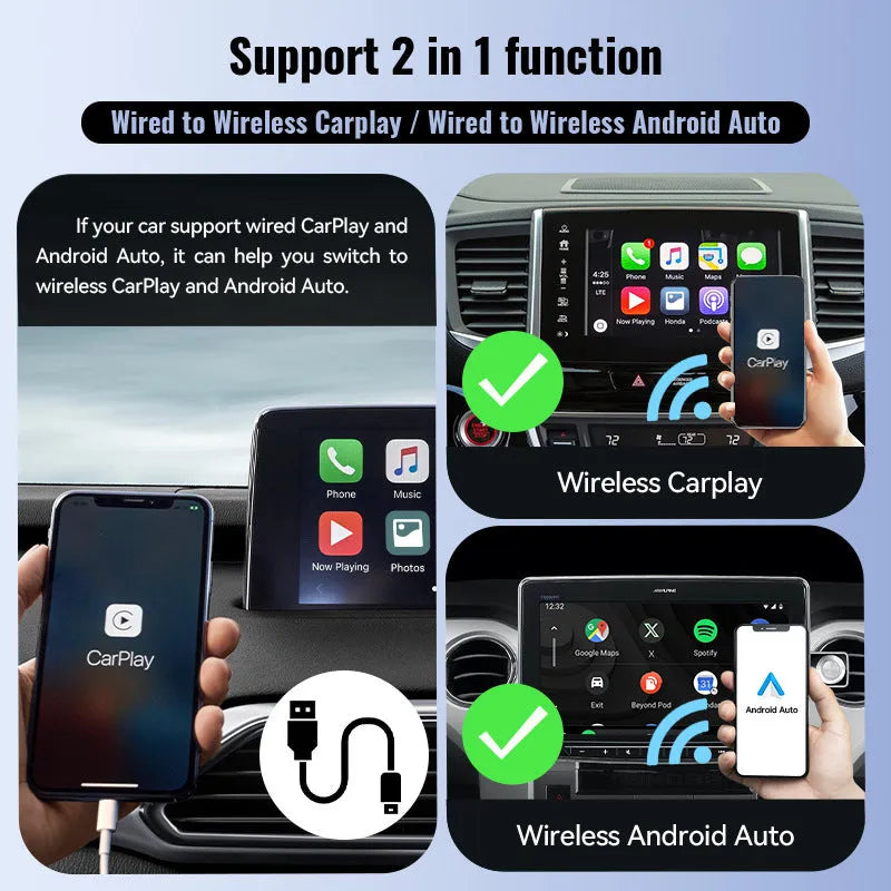 Black mini 2-in-1 CarPlay USB wireless adapter showing compact dimensions