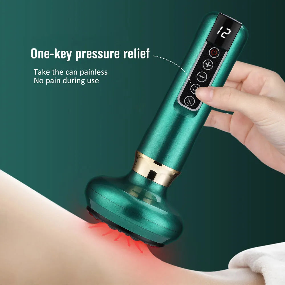 Green electric vacuum cupping massager device with USB cable on a white background