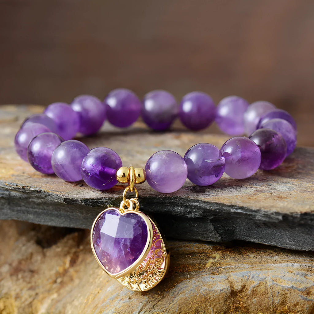 Natural stone amethyst stretch handmade beaded bracelet with heart-shaped amethyst and black agate beads 10mm size