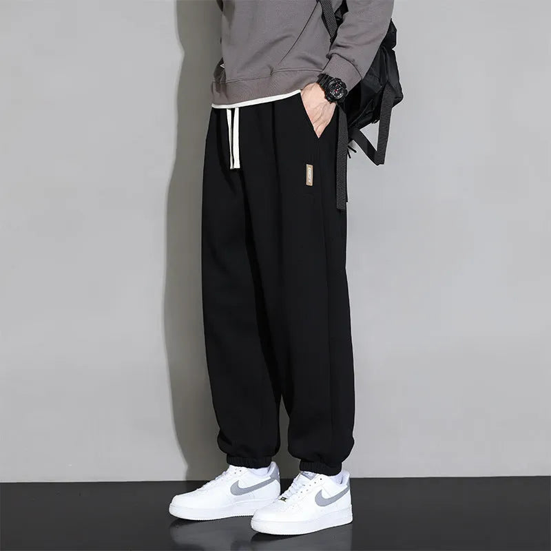 Men's loose fit solid colour cotton blend sports trousers with drawstring elastic waist in Gray, Black, Army Green, sizes M to 8XL