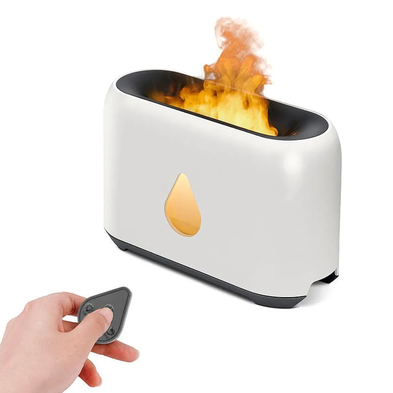 Two-colour 3D flame aroma diffuser humidifier on desk with USB cable, black and white options