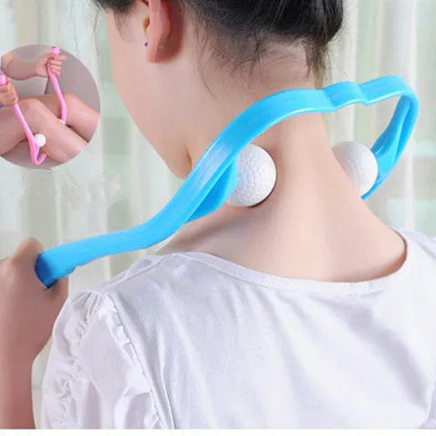 Blue plastic handheld neck and shoulder massager with adjustable stand and removable soft head on a white background.