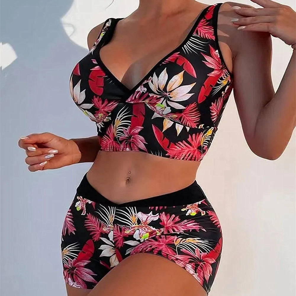 Women's two-piece printed swimsuit set with boxer briefs and sleeveless top
