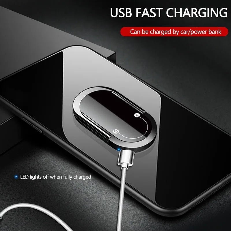 Portable USB plasma lighter with mobile phone holder, aluminium alloy, black ice colour