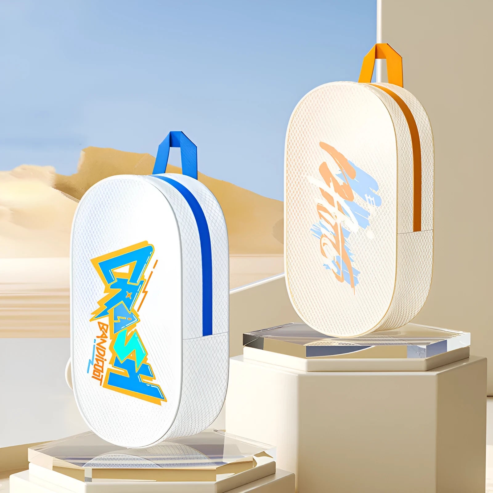 Waterproof EVA swimming storage bag showing Orange, Red, Violet, and White colour options in 3L and 7L sizes