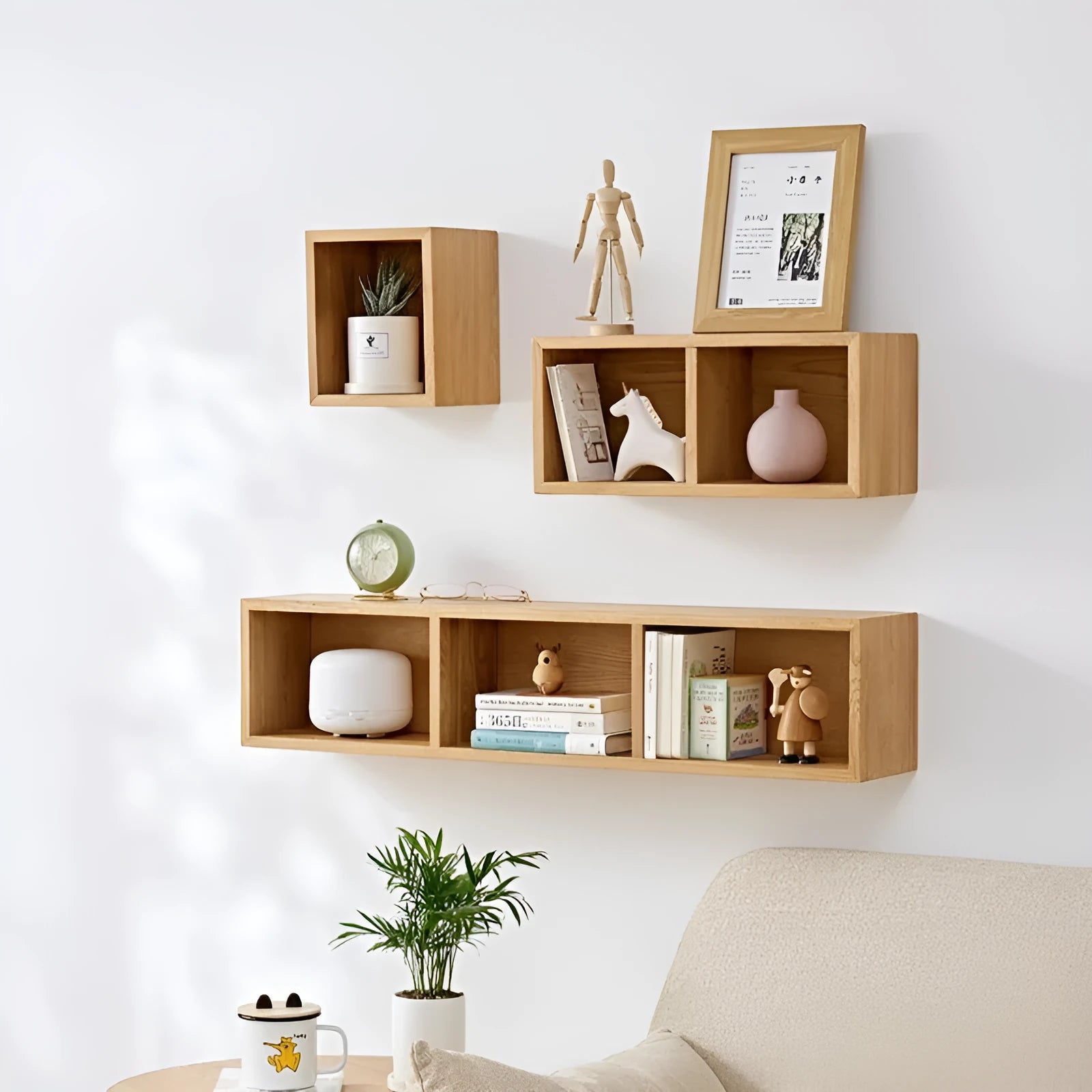 Solid White Oak wall-mounted lattice bookshelf with multi-grid storage, wood colour finish