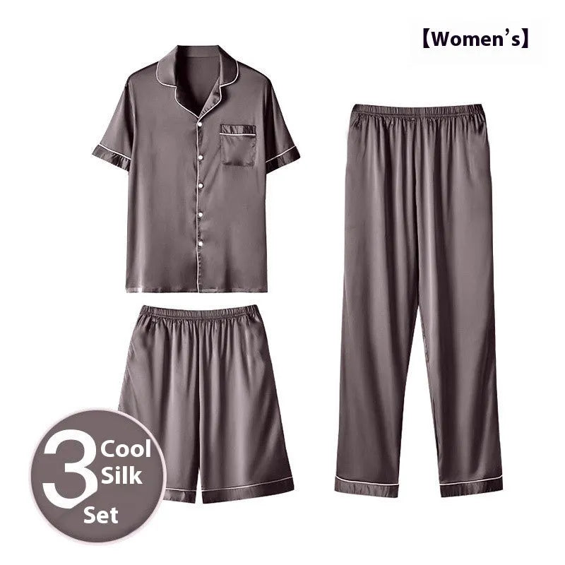 Men's ice silk three-piece home wear set showing trousers, shorts, and top in a neutral colour.
