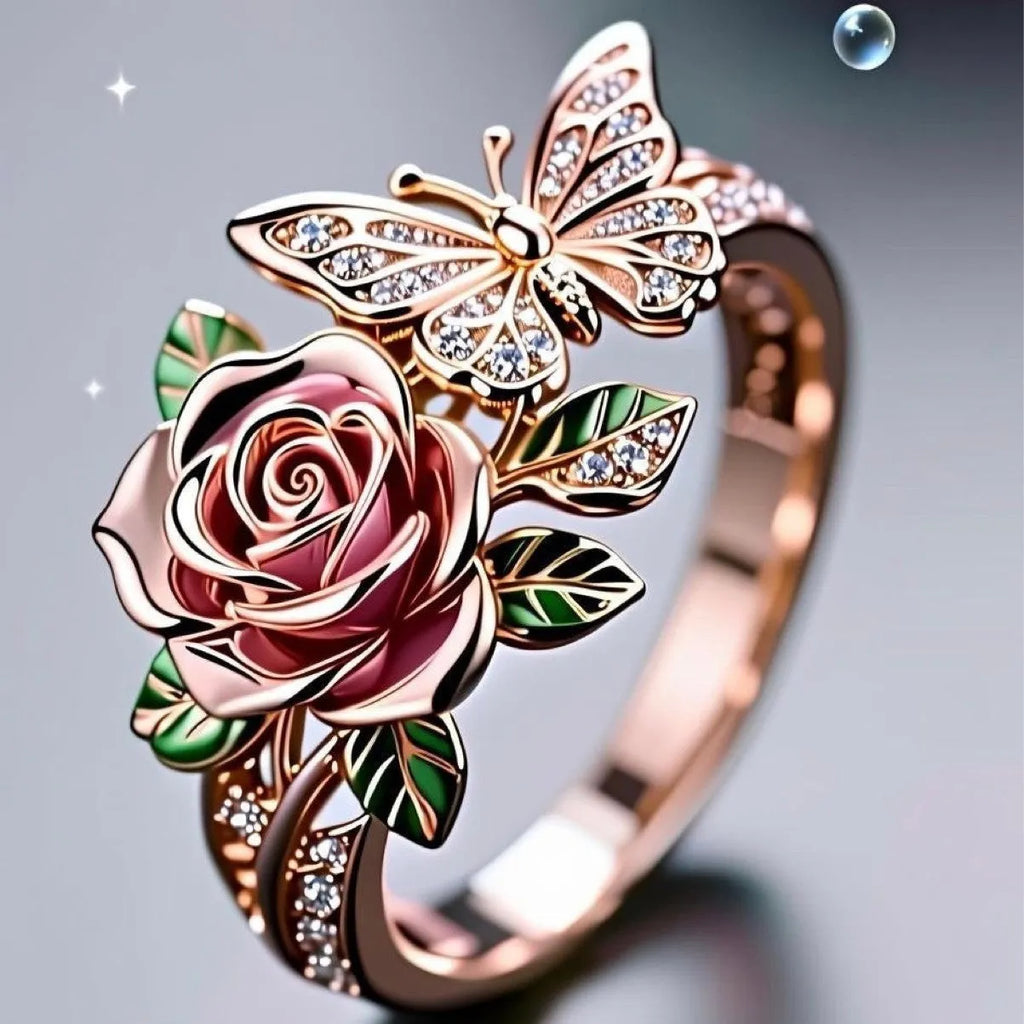 Colourful oil droplet finish butterfly personality ring with adjustable alloy band and floral insect motifs