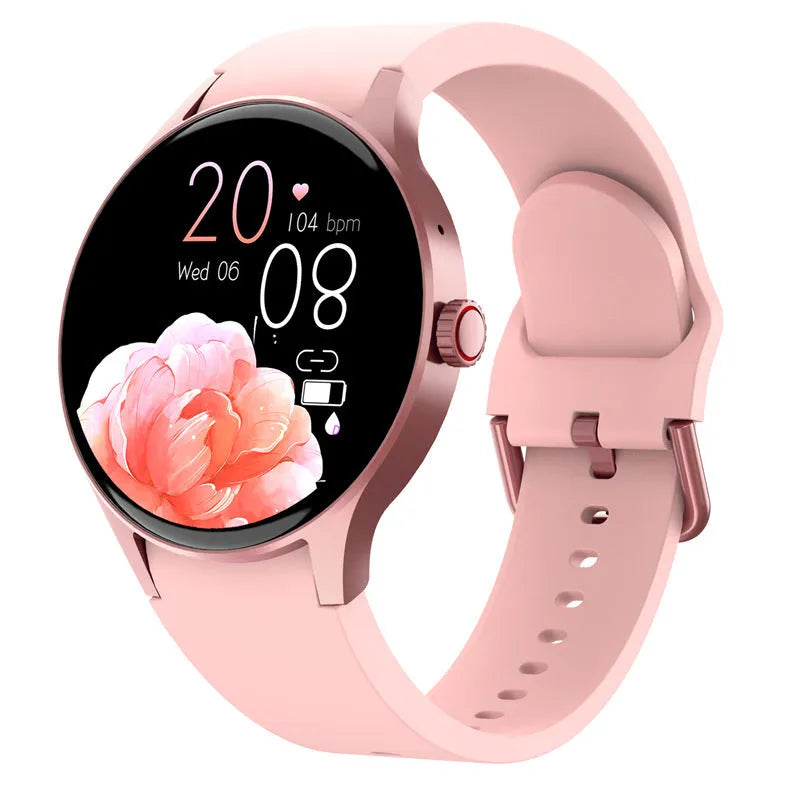 Black smart Bluetooth sport watch with round screen on a wrist, showing fitness stats.
