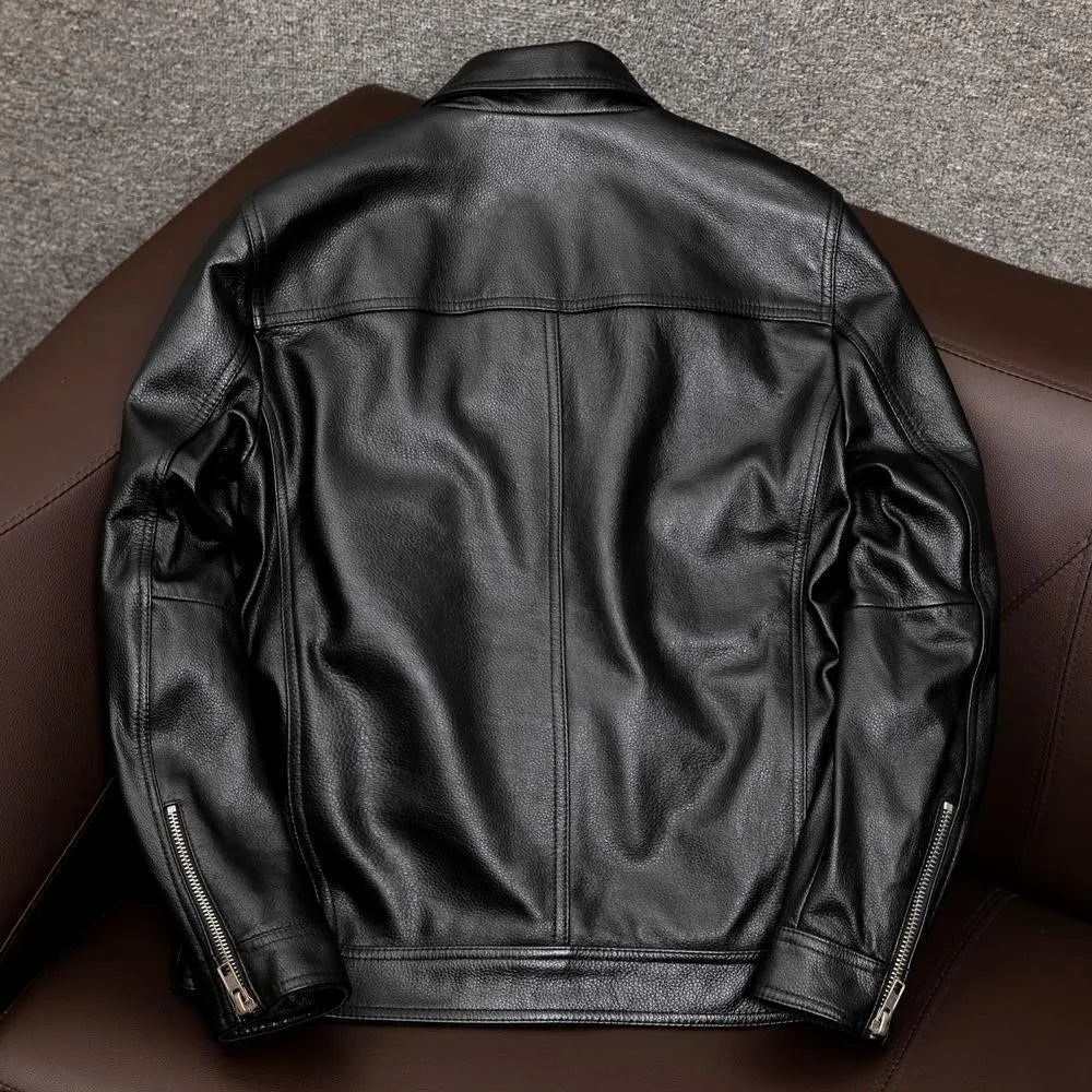 Men's lapel short leather jacket in black or brown with side seam pockets