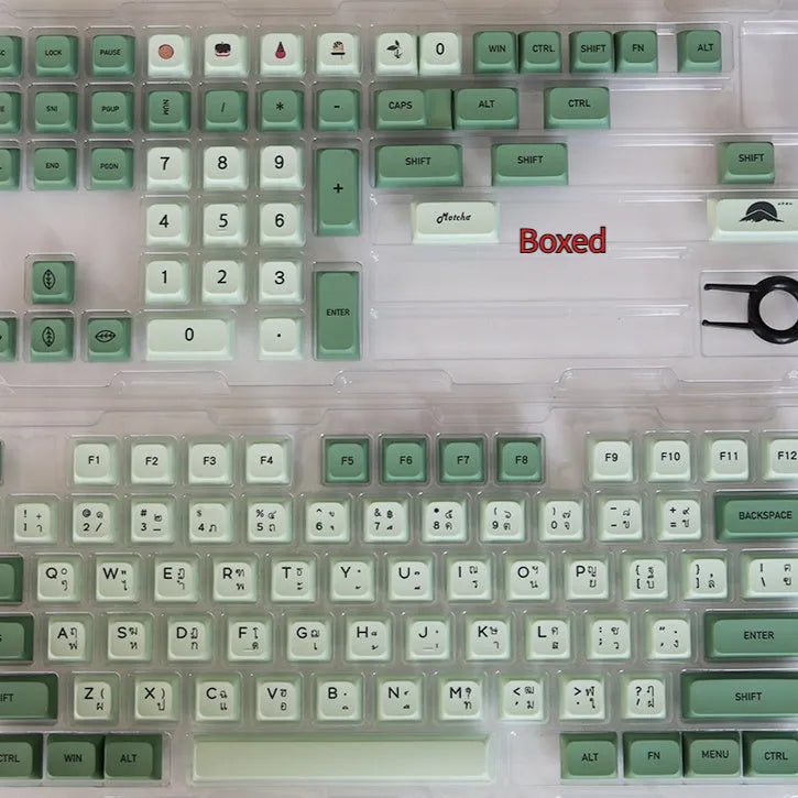 Matcha coloured PBT keycap set with 124 keys showing multiple language legend options