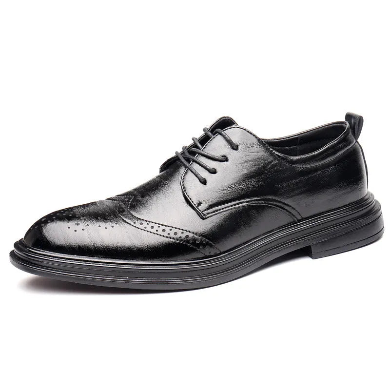 Men's anti-slip dress shoes with leather lining, rubber sole, square heel, round toe and embossed grid pattern, sizes 38-45