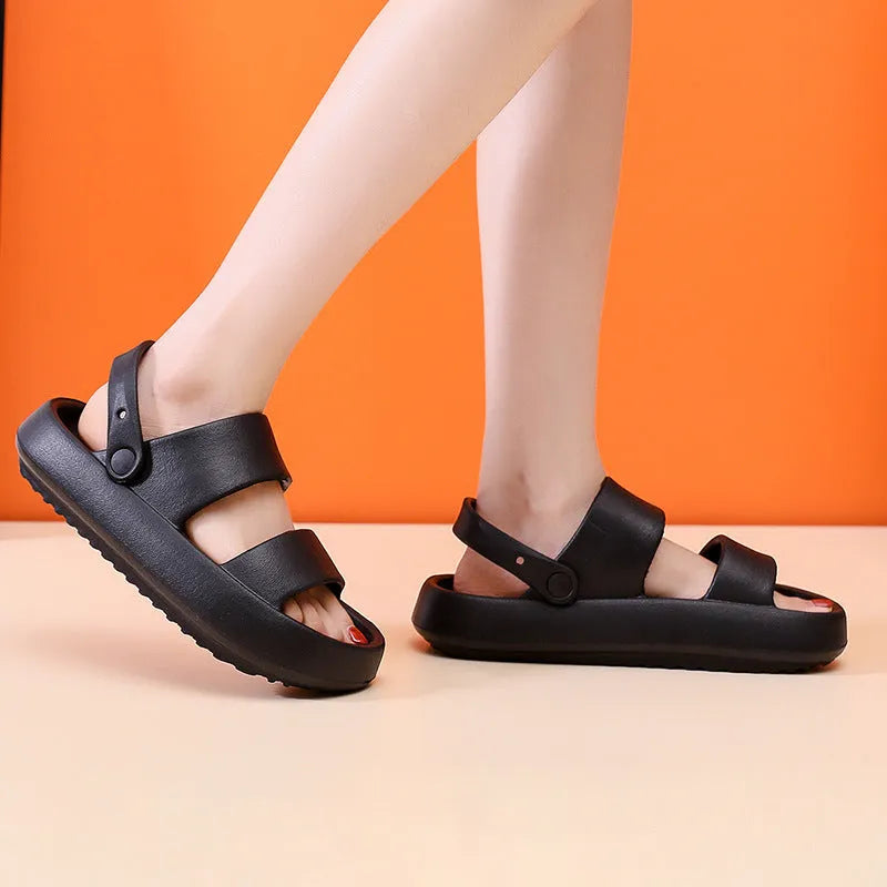 Adjustable unisex EVA sandals with 3cm thick bottom in beige on outdoor surface
