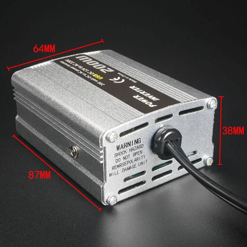 200W car inverter 12V to 110V or 220V, die-cast aluminium, 87x64x38mm, sine wave, USB port