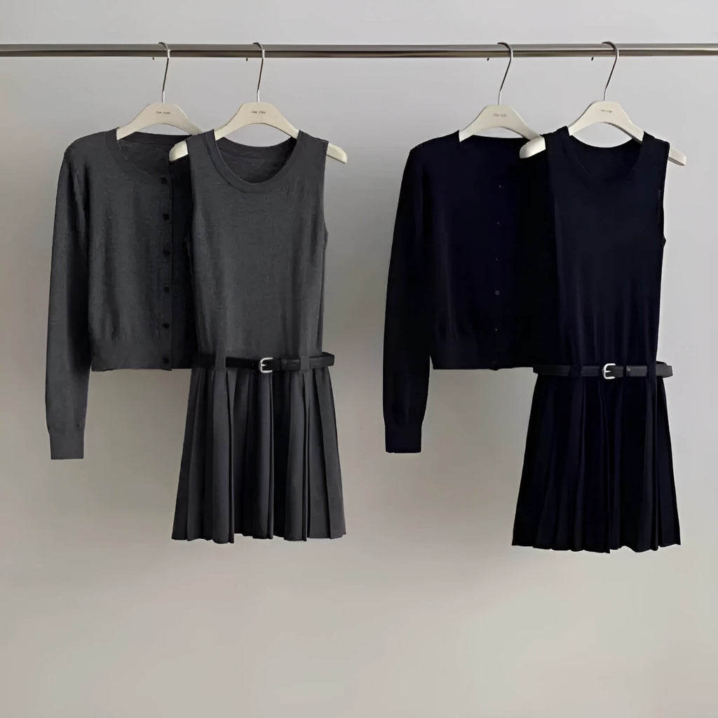Grey art retro knitted two-piece set with 3D pattern, featuring a pleated vest skirt and long-sleeved cardigan with an adjustable belt.
